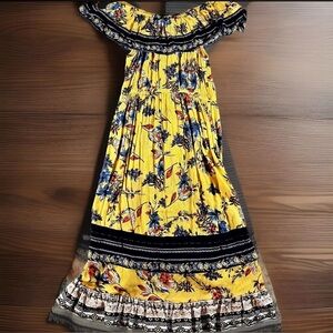 UMGEE Dress Womens Medium Yellow Floral Off The Shoulder High Low Hem Maxi EUC